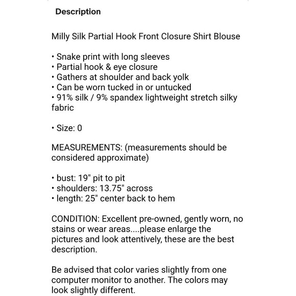 Milly Silk Partial Hook Front Closure Shirt Blouse  Women's Size 0  Purple Snake - Picture 8 of 8